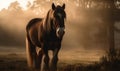 Clydesdale heavy draft-horse breed captured in a misty early morning pasture. The majestic horse stands tall its muscular frame