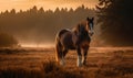 Clydesdale heavy draft-horse breed captured in a misty early morning pasture. The majestic horse stands tall its muscular frame