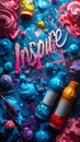 Colorful Inspire word in 3D surrounded by creative art supplies on a blue background, symbolizing creativity, artistry, and