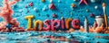 Colorful Inspire word in 3D surrounded by creative art supplies on a blue background, symbolizing creativity, artistry, and
