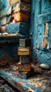 Conceptual image of vintage wooden blocks stacked with the word Empathy on a rustic table against a worn blue wall, depicting