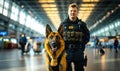 Confident police officer in uniform with a trained German Shepherd dog patrolling a busy airport terminal, ensuring public safety Royalty Free Stock Photo