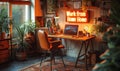 Contemporary home office setup with laptop on a modern desk, lightbox with Work from Home message, and houseplant, embodying Royalty Free Stock Photo