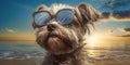 Cool Canine Miniature Schnauzer Dog Wearing Sunglasses with a Funny Smile on the Beach. Generative AI