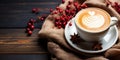 Cozy Autumn and Winter Concept with a Cup of Creamy Cappuccino Surrounded by a Warm Knitted Scarf Star Anise and Fresh Cranberries