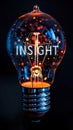 Creative concept of a glowing light bulb with the word INSIGHT illuminated within symbolizing idea generation innovation and Royalty Free Stock Photo