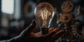 Creative concept of an old light bulb made entirely out of gears, blurred background with woman reaching her hand directing to the Royalty Free Stock Photo