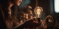 Creative concept of an old light bulb made entirely out of gears, blurred background with woman reaching her hand directing to the Royalty Free Stock Photo