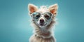 cute smiling Papillon dog in sunglasses with funny expression on its face on blue background. Generative AI Royalty Free Stock Photo