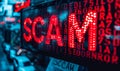 Cybersecurity threat concept with the word SCAM in bold red letters on a computer screen, signifying internet fraud, hacking Royalty Free Stock Photo