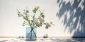 3D Transparent blue glass vase with white rose flower bouquet of green tree twig in outdoor sunlight on concrete counter and wall Royalty Free Stock Photo