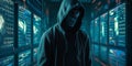 Dark hacker with hood and mask strikes inside of data center. Generative AI