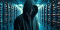 Dark hacker with hood and mask strikes inside of data center. Generative AI
