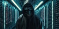 Dark hacker with hood and mask strikes inside of data center. Generative AI