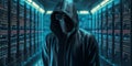 Dark hacker with hood and mask strikes inside of data center. Generative AI