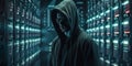 Dark hacker with hood and mask strikes inside of data center. Generative AI