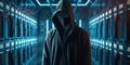 Dark hacker with hood and mask strikes inside of data center. Generative AI