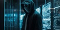 Data Breach: Anonymous Hacker in Hood and Mask Stealing Data from Inside Data Center. Generative AI Royalty Free Stock Photo