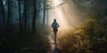 Dawn Trail Run Woman Conquering the Forest with Determination and Strength. Generative AI Royalty Free Stock Photo