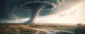 Destructive tornado vortex at open landscape with cloudy sky. Generative AI