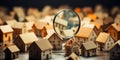 Detailed close-up of miniature cardboard houses viewed through a magnifying glass representing real estate analysis or property