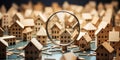 Detailed close-up of miniature cardboard houses viewed through a magnifying glass representing real estate analysis or property