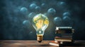 Earth as lightbulb on teacher chalkboard with book on wooden table Global Education Week concept banner Royalty Free Stock Photo
