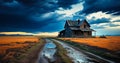 Eerie Abandonment - Old Farm House on the Great Plains with Storm Clouds