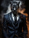 Elegant Black Panther in a Suit with a Tie and Boutonniere Personifying Strength and Leadership in a Mysterious Smoke-filled