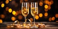 Elegant Champagne Flutes with Golden Bubbles on Wood Celebratory Toast Against a Festive Bokeh Lights Background