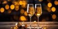 Elegant Champagne Flutes with Golden Bubbles on Wood Celebratory Toast Against a Festive Bokeh Lights Background