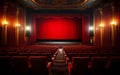 Empty cinema theater with red seats curtains and a blank white screen ready for the audience to enjoy a movie