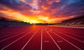 Empty Running Track in Stadium with Vibrant Sunset Sky Inviting Atmosphere for Sports and Athletics Royalty Free Stock Photo