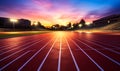 Empty Running Track in Stadium with Vibrant Sunset Sky Inviting Atmosphere for Sports and Athletics Royalty Free Stock Photo