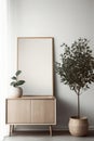 Empty square frame mockup in modern minimalist interior with plant in trendy vase on white wall background, Template for artwork Royalty Free Stock Photo