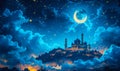 Enchanting Ramadan Kareem greeting with floating mosque and crescent moon amidst clouds and stars, invoking a sense of