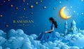 Enchanting Ramadan Kareem greeting with floating mosque and crescent moon amidst clouds and stars, invoking a sense of