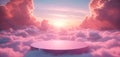 Ethereal pastel pink platform amidst cumulus clouds during a dreamy sunset, symbolizing a serene, imaginative concept of