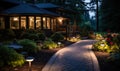 Evening View of a Beautifully Lit Garden Path Leading to a Cozy House, Landscape Lighting Enhancing Home Curb Appeal and Royalty Free Stock Photo