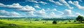 Expansive lush green field under a vibrant blue sky with fluffy white clouds surrounded by a line of trees on the horizon Royalty Free Stock Photo