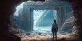 Exploring the Lost Civilization: Woman in adventurer outfit explores a mysterious ruins of an extinct civilization. Generative AI