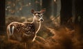 Fallow deer Dama dama captured in golden hour of a misty dewy forest clearing highlighting deers delicate features & majestic Royalty Free Stock Photo