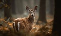 Fallow deer Dama dama captured in golden hour of a misty dewy forest clearing highlighting deers delicate features & majestic Royalty Free Stock Photo