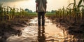 Farmer standing in a flooded cornfield reflecting on climate changes impact on agriculture food security and rural economy Royalty Free Stock Photo