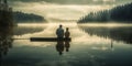 Father and son fishing together on lake. Generative AI Royalty Free Stock Photo