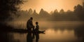 Father and son fishing together on lake. Generative AI Royalty Free Stock Photo