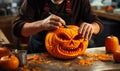 Festive Halloween Tradition Carving a Pumpkin for Spooky Fun