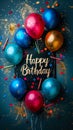 Festive Happy Birthday chalkboard sign with elegant script, surrounded by colorful party balloons, confetti, and drawing Royalty Free Stock Photo