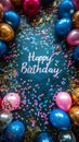 Festive Happy Birthday chalkboard sign with elegant script, surrounded by colorful party balloons, confetti, and drawing Royalty Free Stock Photo