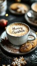 Festive Merry Christmas message written on frothy coffee in a white cup, surrounded by seasonal decorations and snowflake Royalty Free Stock Photo